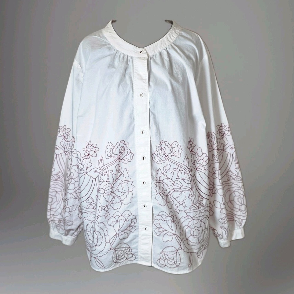 Talbots Womens Plus 1X White Floral Embroidered Button Up Blouse Cotton